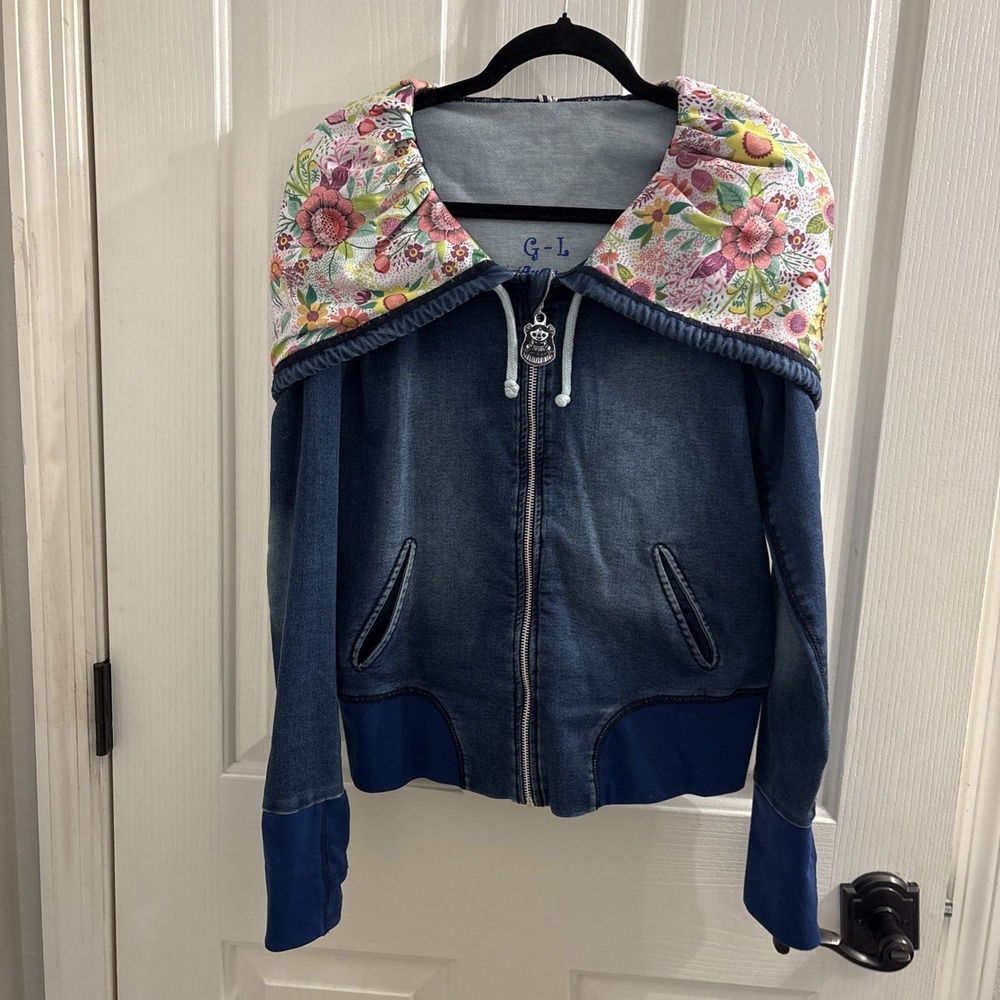 Floral Collar Denim Jean Jacket - Blue